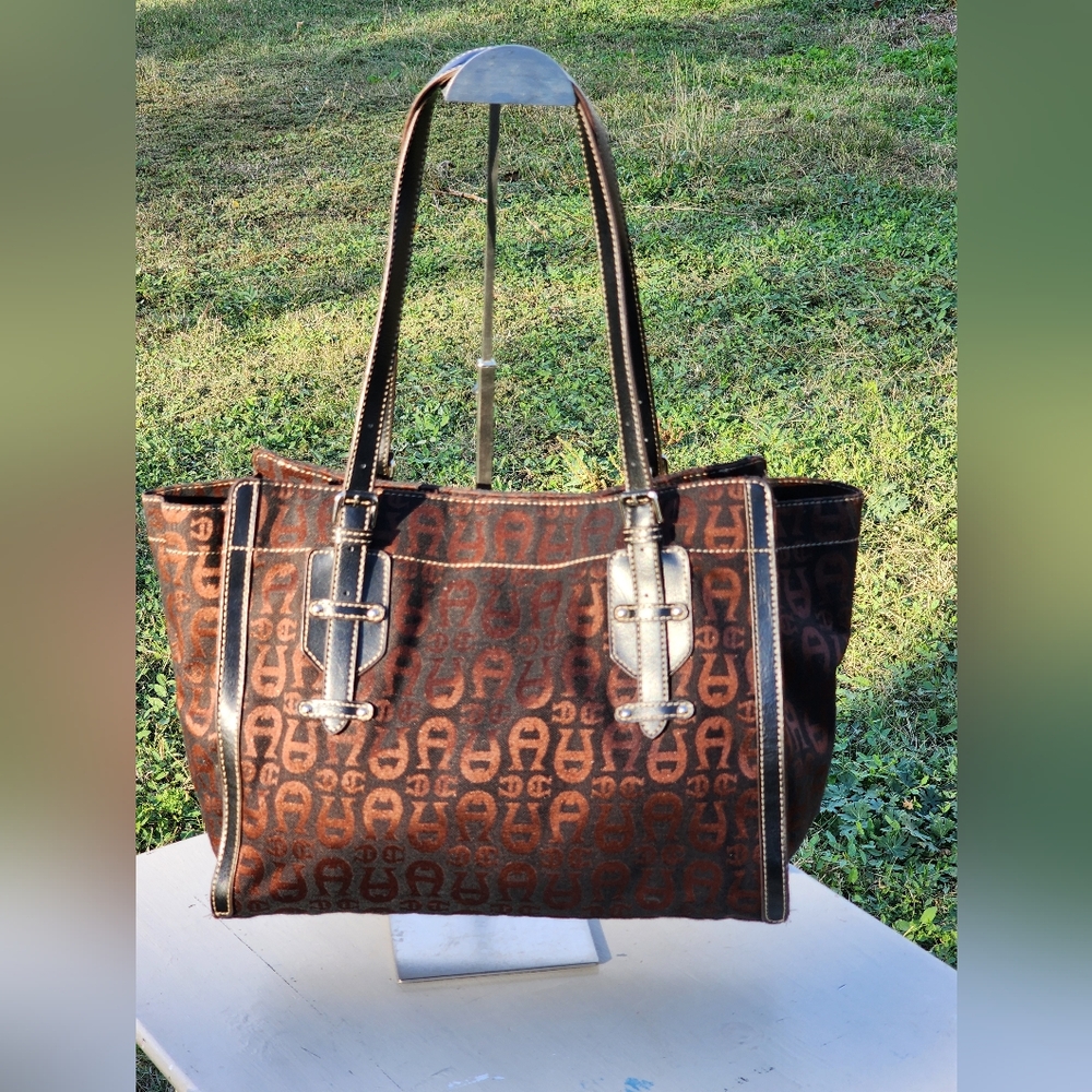 ETIENNE AIGNER Shoulder Bag Leather & Canvas Brown Signature Logo - Picture 3 of 9